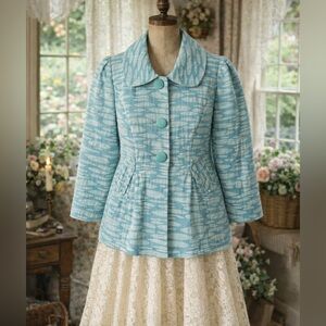 Retro 1960s Mac & Jac Light Blue Patterned Peacoat